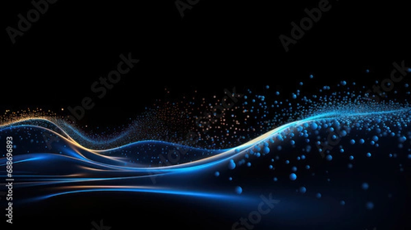 Fototapeta Dynamic Blue Flowing Dot Particles in Smooth Curve - A Mesmerizing Light Pattern on Black.