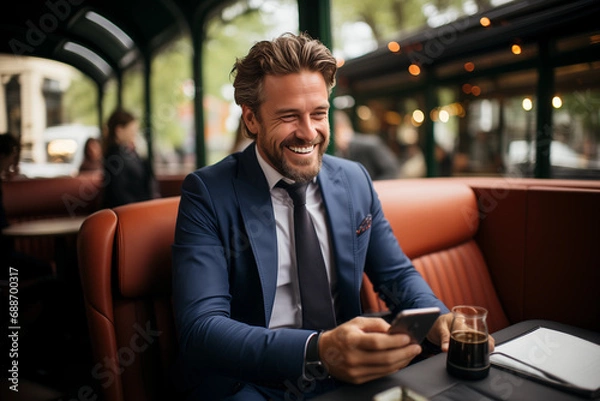Obraz stylish caucasian man enjoying coffee in a tram-themed cafe