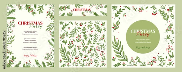 Obraz Christmas party invitation poster background in trendy flat style. Merry and Bright Corporate Holiday cards. Universal abstract creative artistic templates