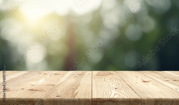 Fototapeta Wooden table or surface with blurred summer forest background