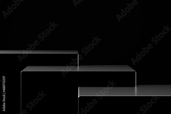 Fototapeta Black cube stand for product placement mockup. Dark podium exhibition scene background. Minimal box platform showroom with spot light.