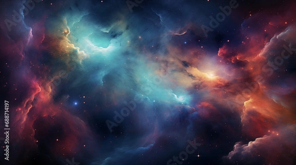 Fototapeta  a nebula in space. It appears as a vibrant cloud with a bright center, exhibiting a mix of blue, purple, pink, and orange colors. The background is black, dotted with small white stars