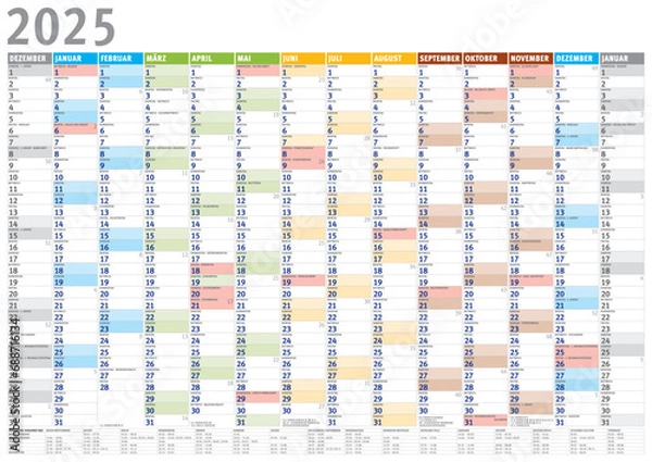 Fototapeta Kalender 2025 (Dezember 2024 bis Januar 2026) mit Ferien 4C