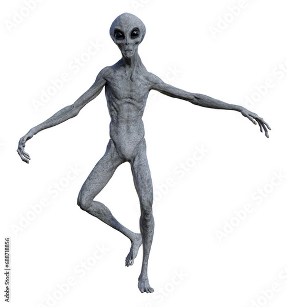 Obraz Illustration of a gray alien with arms up dancing while isolated on a white background.