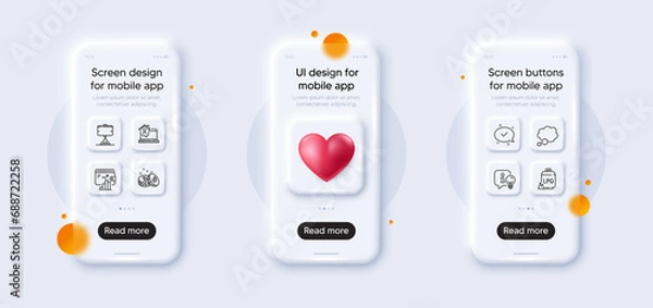 Fototapeta Bitcoin, Selfie stick and Work home line icons pack. 3d phone mockups with heart. Glass smartphone screen. Talk bubble, Gas cylinder, Approved web icon. Wallet, Lamp pictogram. Vector