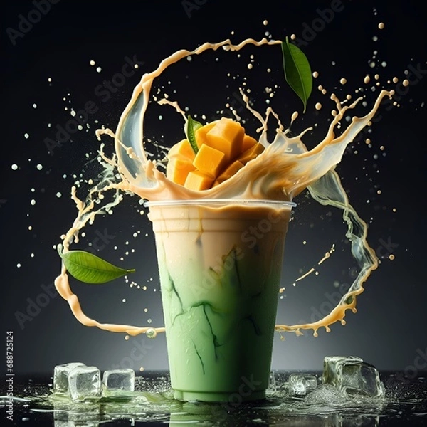 Obraz iced milk green tea mango drink plastic cup and ice water dropped on surface