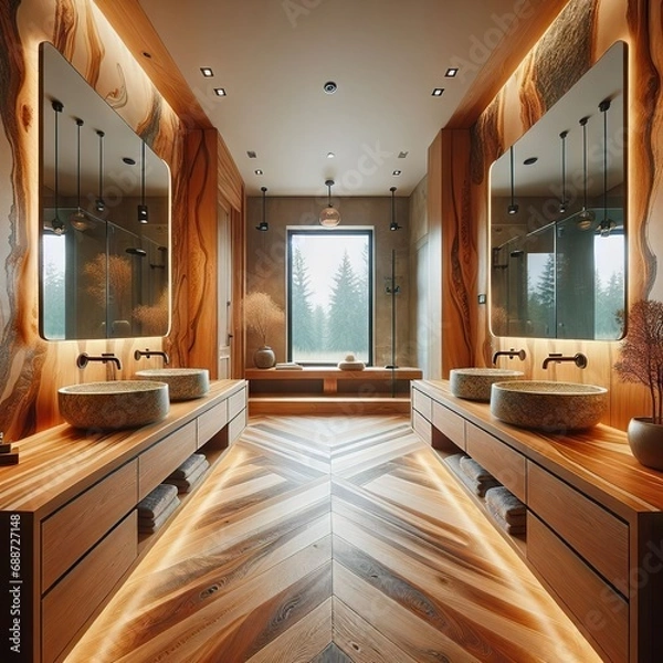 Obraz Anteroom in front of the bathroom entrance with a large mirror and two stone sinks with natural wood countertops made with epoxy resin