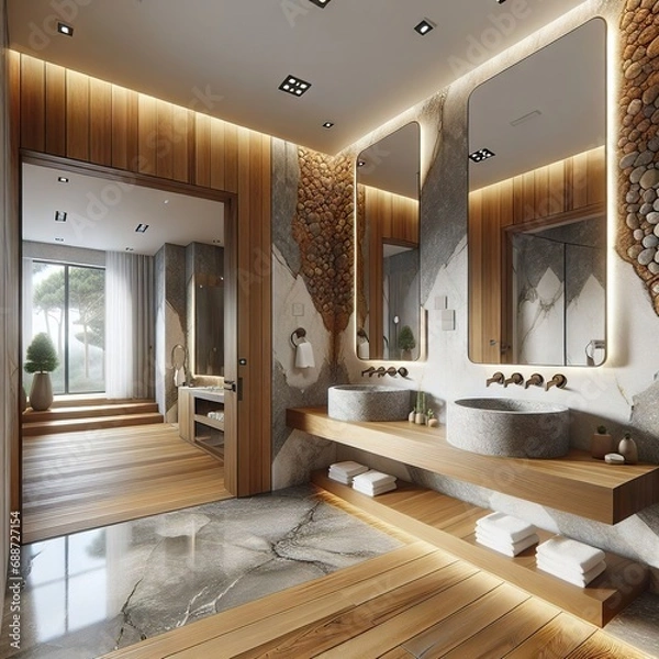 Obraz Anteroom in front of the bathroom entrance with a large mirror and two stone sinks with natural wood countertops made with epoxy resin