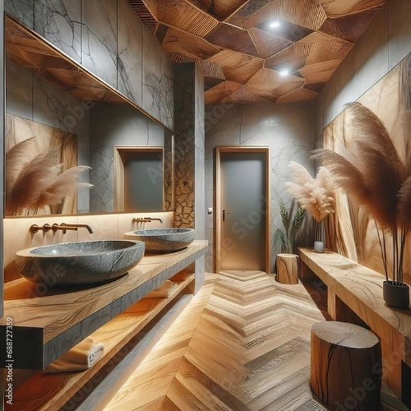 Obraz Anteroom in front of the bathroom entrance with a large mirror and two stone sinks with natural wood countertops made with epoxy resin