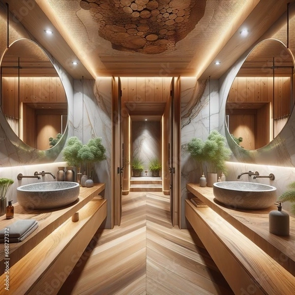 Obraz Anteroom in front of the bathroom entrance with a large mirror and two stone sinks with natural wood countertops made with epoxy resin