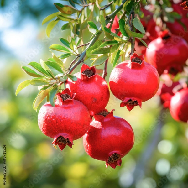 Fototapeta fresh red pomegranate on tree branch at farm
