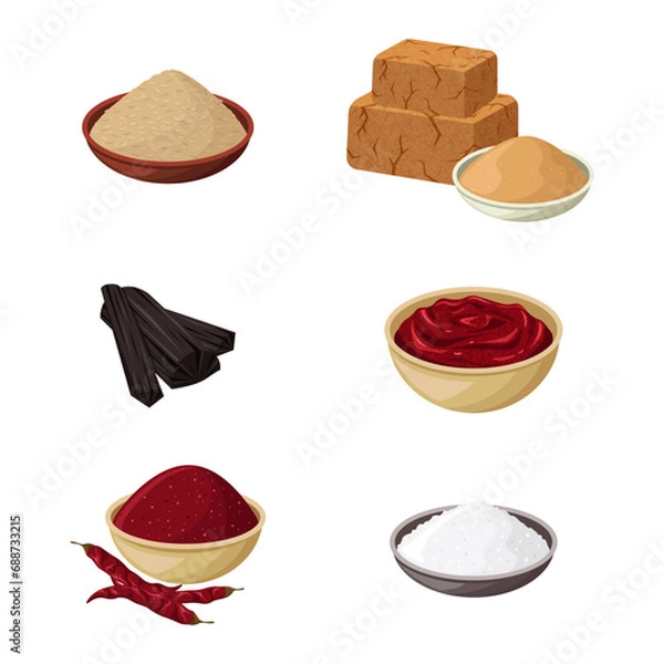 Fototapeta Gochujang (korean red chili paste) recipe ingredients. Gochugaru (red chili pepper flakes), kosher salt, charcoal, yeotgireum (barley malt), and meju powder (fermented soybean powder).