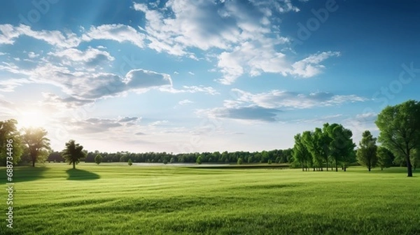 Fototapeta A panoramic view of a field with grass and trees under a bright sun and a misty sky.