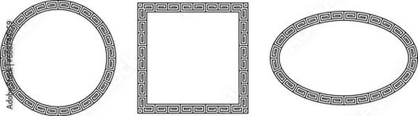 Fototapeta Greek motif border frames set. 3 black ornamental in ethnic style frames. Circle, square, oval. Ancient geometric decorative tiles. Vector