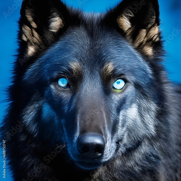 Fototapeta A black wolf with blue eyes and a black background ai generated