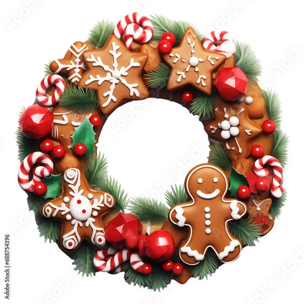 Obraz Cute Christmas wreath made of gingerbread cookies isolated on transparent background