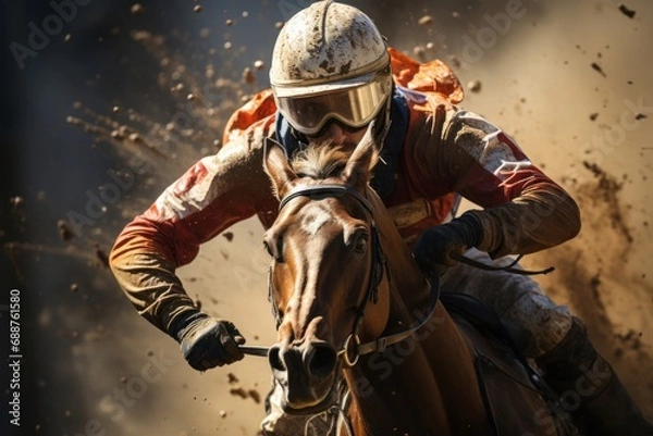 Fototapeta Jockey Riding a Brown Horse in a Thrilling Horse Race Generative AI