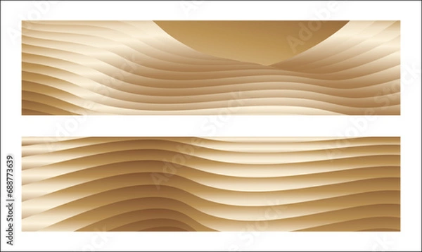 Fototapeta Wavy golden parallel gradient lines, ribbons, silk. Golden with shades of yellow background, banner, poster. Set of 2 backgrounds. Eps vector