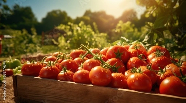 Fototapeta a wooden box full of tomatoes in the garden,
