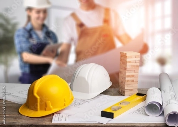 Obraz Engineer teams working together on construction site with house model