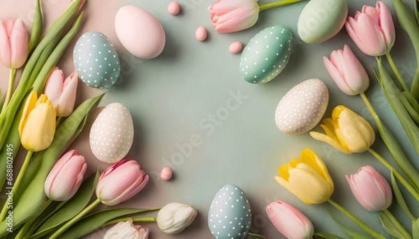 Obraz easter background - pastel tulips and easter eggs on light blue and pink background - copy space