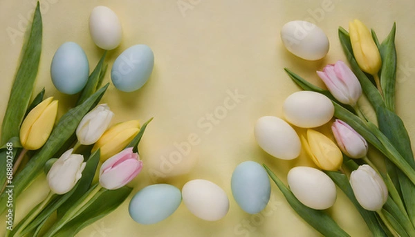 Obraz easter background - pastel tulips and easter eggs on light yellow background - copy space