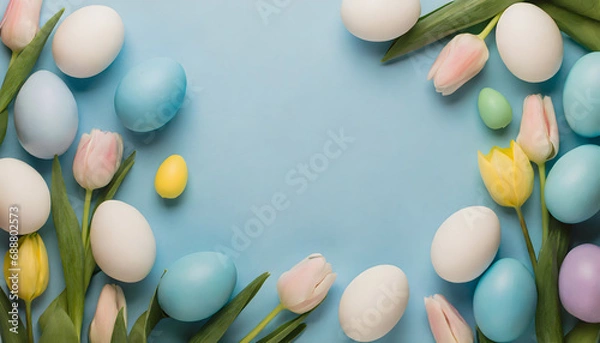 Obraz easter background - pastel tulips and easter eggs on light blue background - copy space