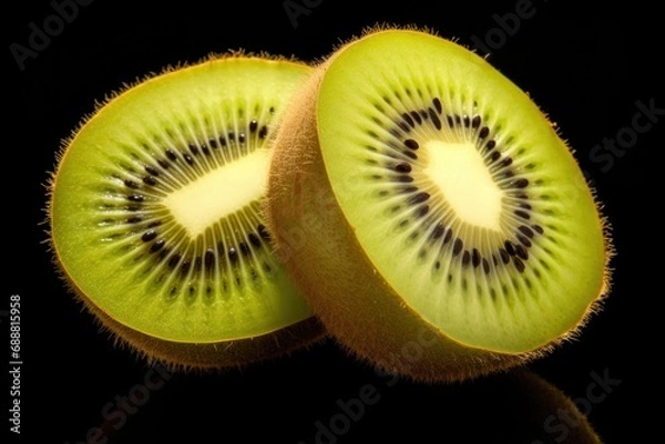 Fototapeta Two kiwis cut in half on a black surface. Suitable for food and nutrition-related content