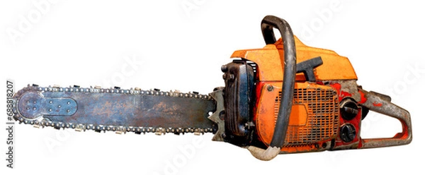Obraz Old dirty chainsaw with an internal combustion engine on an isolated background.
