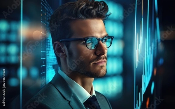Fototapeta Businessman in glasses looking on the augmented reality technology waveform lines of stock market