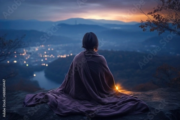 Fototapeta Serene mountain repose: girl finding tranquility in nature's embrace, panoramic relaxation amid breathtaking landscapes.