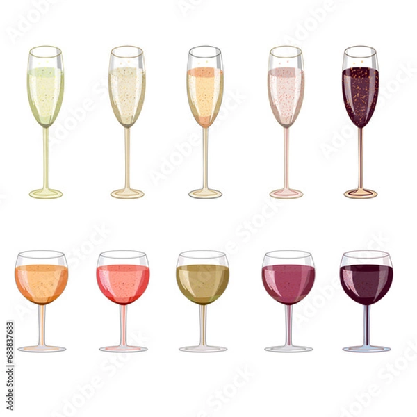 Fototapeta Red, white and rose wine glasses and one champagne glass with bubbles on white background