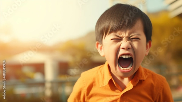 Fototapeta Angry boy screaming, upset, sad, negative attitude.Stressed child with bad behavior stubborn. mental health. Autism kid. ADHD concept.