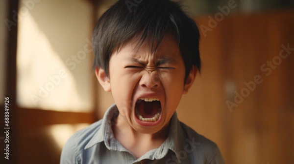 Fototapeta Angry boy screaming, upset, sad, negative attitude.Stressed child with bad behavior stubborn. mental health. Autism kid. ADHD concept.