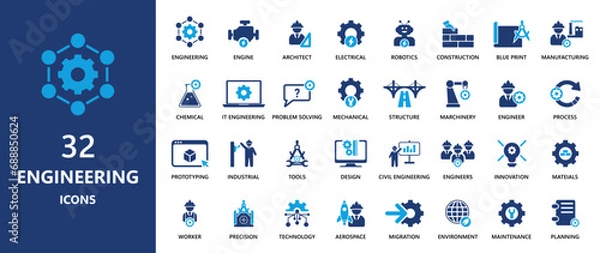 Fototapeta Engineering icons collection. 32 designs of engineering icon. Solid icon elements.