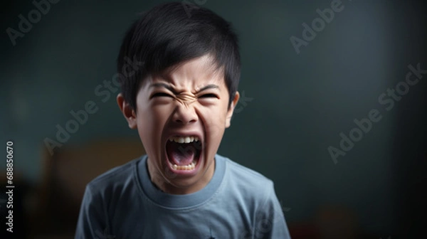 Fototapeta Angry boy screaming, upset, sad, negative attitude.Stressed child with bad behavior stubborn. mental health. Autism kid. ADHD concept.