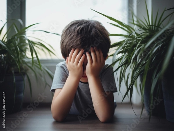 Fototapeta Portrait of adorable little boy sitting on the windowsill and crying. Upset child covering his face at home