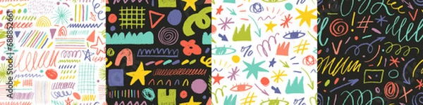 Fototapeta Collection of seamless patterns with various colorful charcoal shapes and lines.