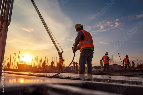 Obraz Construction worker control a pouring concrete pump on construction site