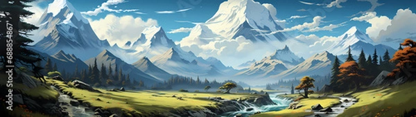 Obraz "Image of mountainous landscape, countryside, mountain range, illustration of mountains and snow."





