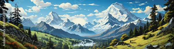 Obraz "Image of mountainous landscape, countryside, mountain range, illustration of mountains and snow."





