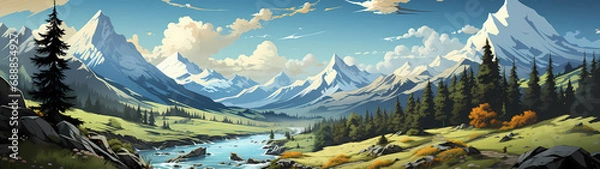 Obraz "Image of mountainous landscape, countryside, mountain range, illustration of mountains and snow."




