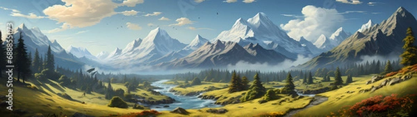 Obraz "Image of mountainous landscape, countryside, mountain range, illustration of mountains and snow."




