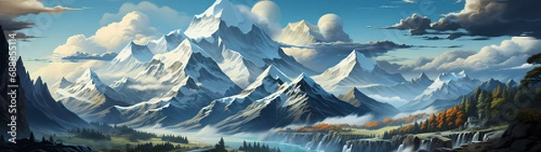 Obraz "Image of mountainous landscape, countryside, mountain range, illustration of mountains and snow."




