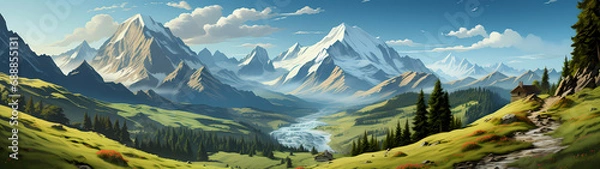 Obraz "Image of mountainous landscape, countryside, mountain range, illustration of mountains and snow."




