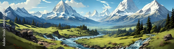 Obraz "Image of mountainous landscape, countryside, mountain range, illustration of mountains and snow."




