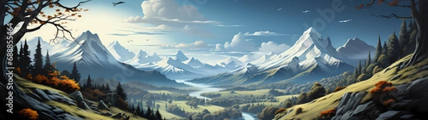 Obraz "Image of mountainous landscape, countryside, mountain range, illustration of mountains and snow."




