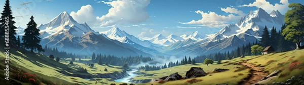 Obraz "Image of mountainous landscape, countryside, mountain range, illustration of mountains and snow."




