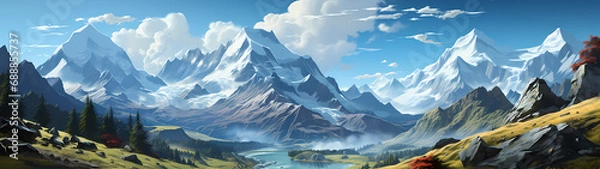 Obraz "Image of mountainous landscape, countryside, mountain range, illustration of mountains and snow."




