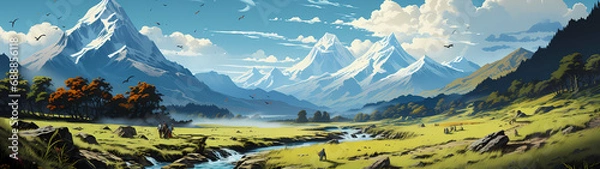 Obraz "Image of mountainous landscape, countryside, mountain range, illustration of mountains and snow."





